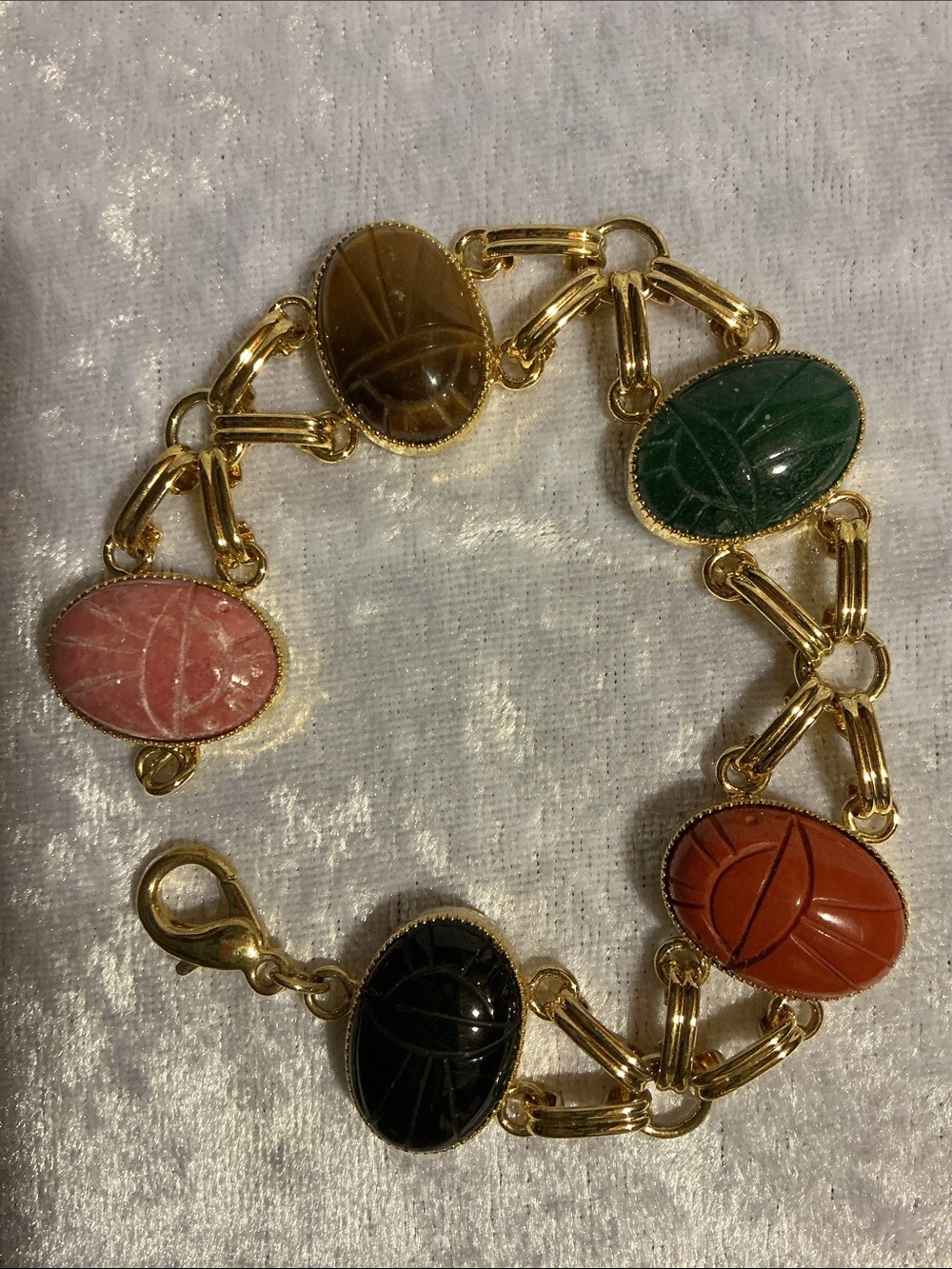 Gold Link Bracelet with Multicolor Scarab Cabochons